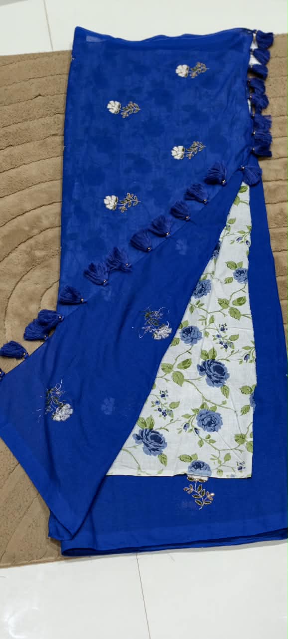 Royal Blue Handloom Saree with Floral Embroidery, Contrast Printed Blouse & Statement Tassel Detailing-16611