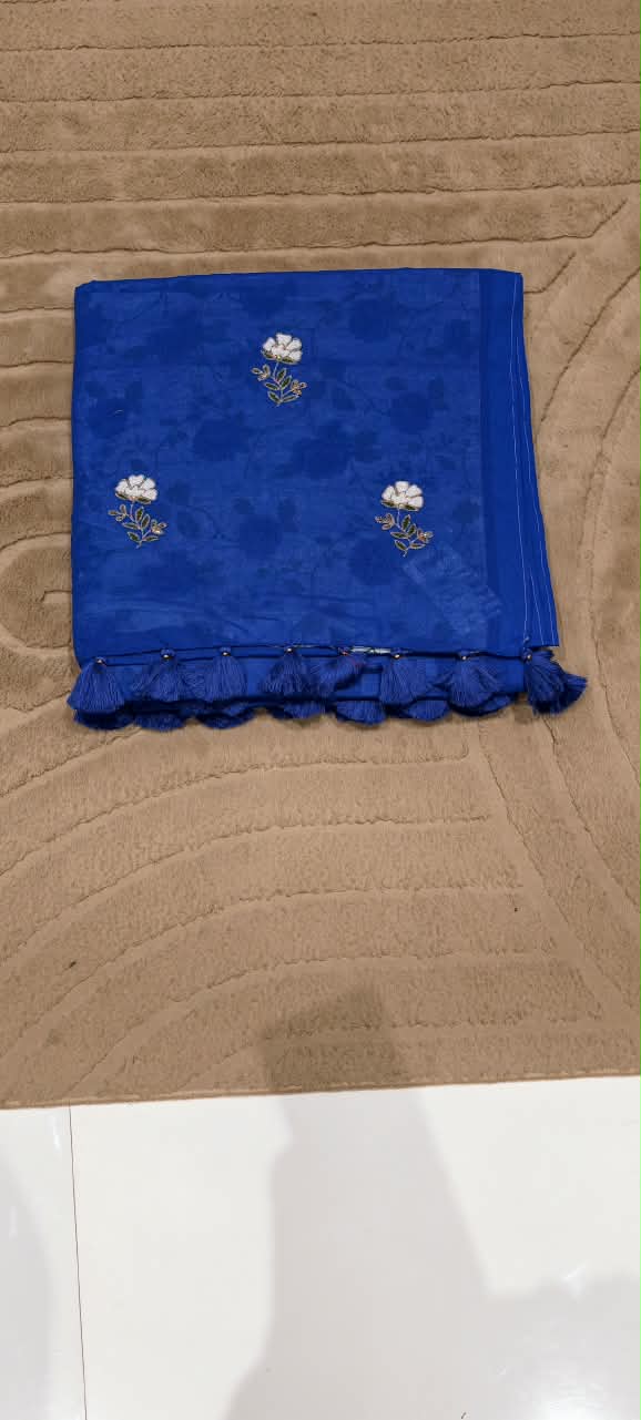 Royal Blue Handloom Saree with Floral Embroidery, Contrast Printed Blouse & Statement Tassel Detailing-16611