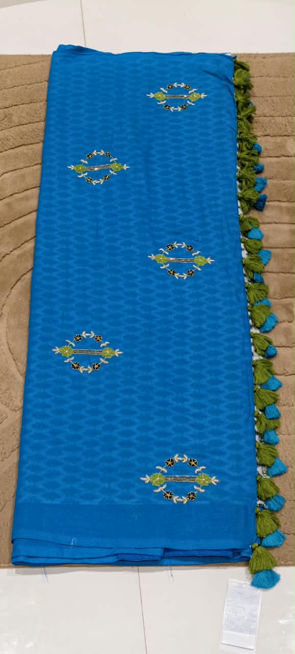 Handloom Cotton Saree with Floral Printed Unstitched Blouse, Intricate Embroidery & Contrast Tassel Border – Turquoise Blue 16611