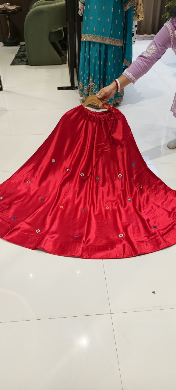 Gajji Silk Butter Soft Shiny Flared Skirt With Real Mirror Multicolor Thread Embroidery Upwork-