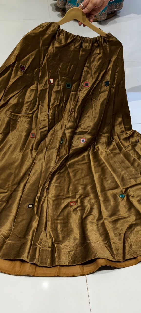 Gajji Silk Butter Soft Shiny Flared Skirt With Real Mirror Multicolor Thread Embroidery Upwork-