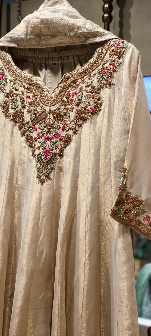 Opulent Tissue Silk Anarkali Suit with Multi-Color Zardozi and Pink Floral Embroidery- 16586