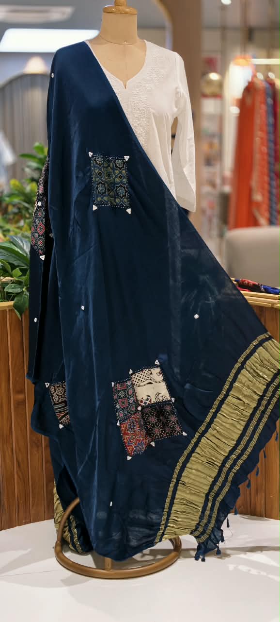 Kalamkari Artistic Traditional Motif With Golden Zari Touch Bordered Dupatta- 16656