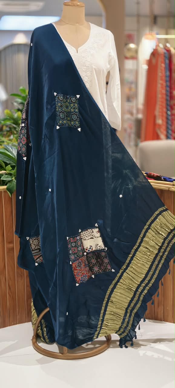 Kalamkari Artistic Traditional Motif With Golden Zari Touch Bordered Dupatta- 16656