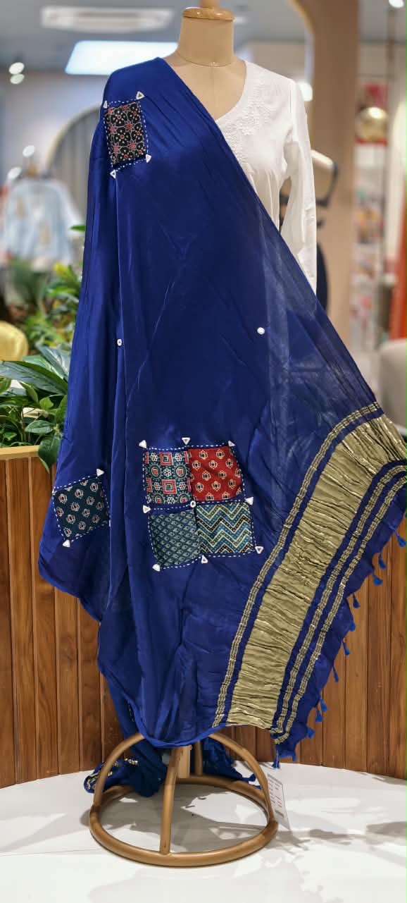 Kalamkari Artistic Traditional Motif With Golden Zari Touch Bordered Dupatta- 16656