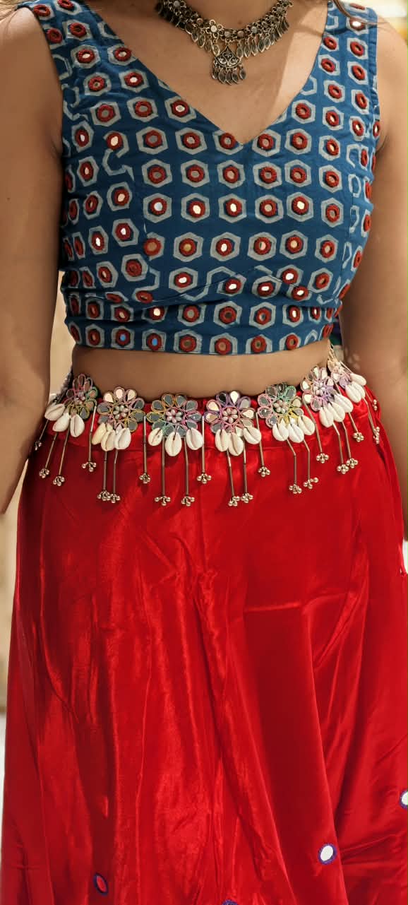 Handcrafted Mirror Work Flower & Cowrie Shell Ethnic Kamarbandh Belt-RB980