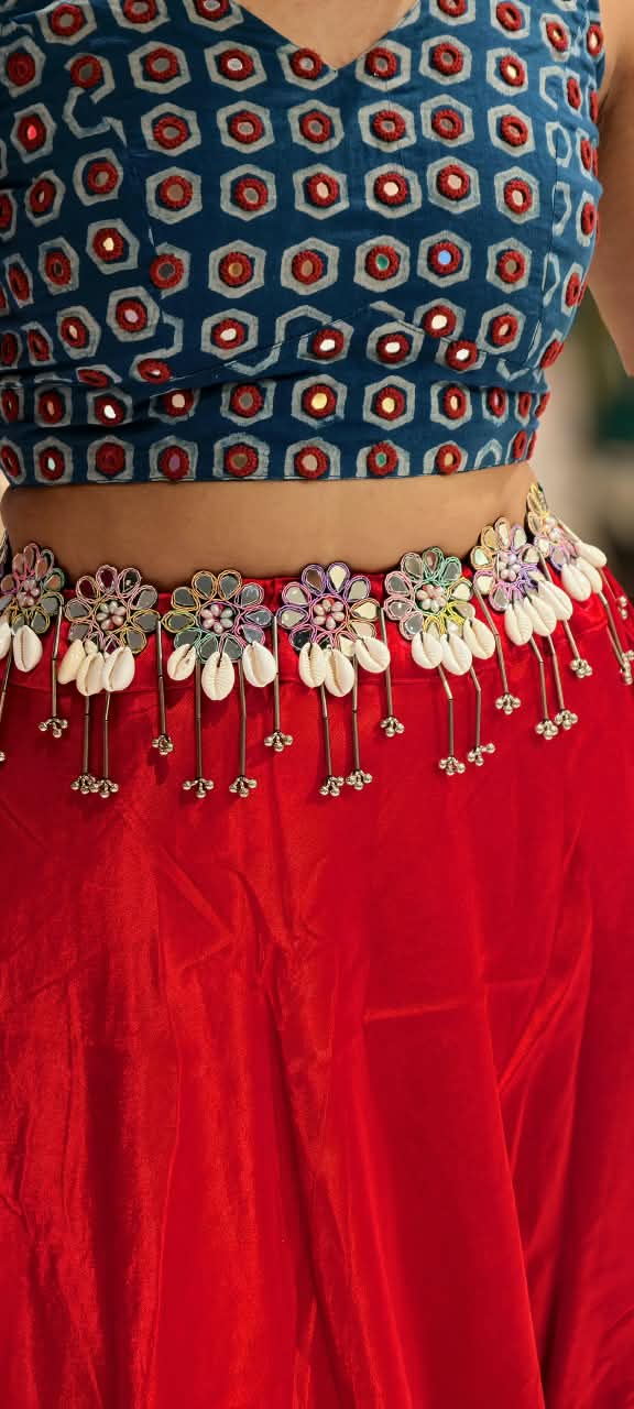 Handcrafted Mirror Work Flower & Cowrie Shell Ethnic Kamarbandh Belt-RB980