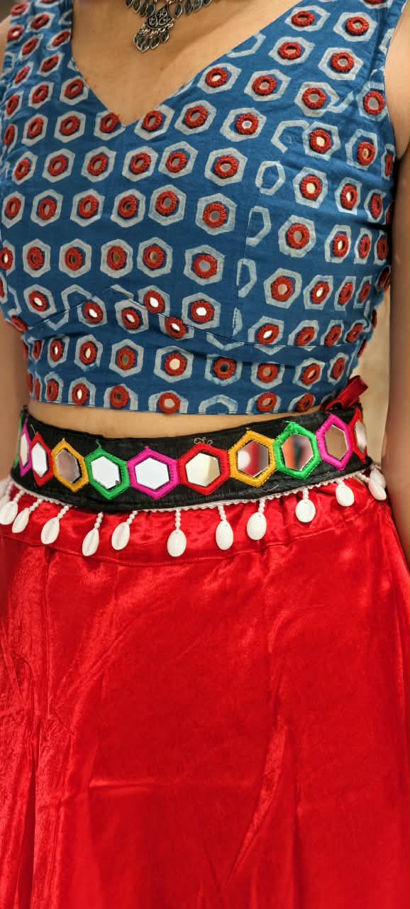 Handcrafted Mirror Work Flower & Cowrie Shell Ethnic Kamarbandh Belt-RB980