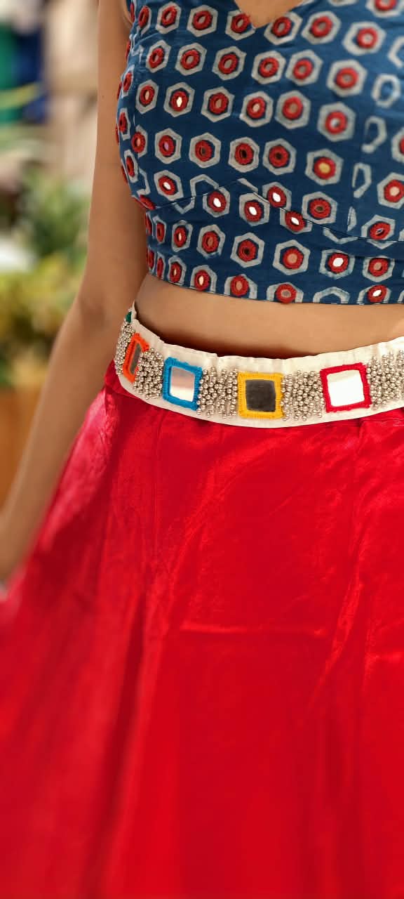 Handcrafted Mirror Work Flower & Cowrie Shell Ethnic Kamarbandh Belt-RB980