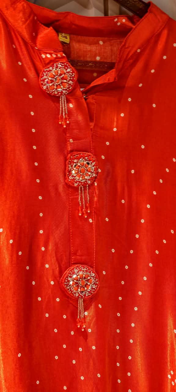 Bandhani Print High-Low Buttoned Accent Flowy Gajji Silk Kurta Pant Set- 16632
