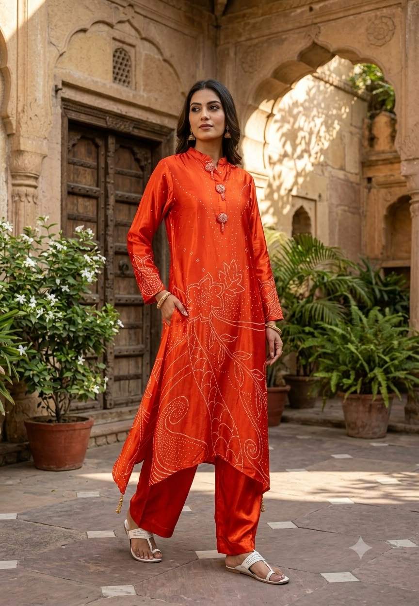 Bandhani Print High-Low Buttoned Accent Flowy Gajji Silk Kurta Pant Set- 16632
