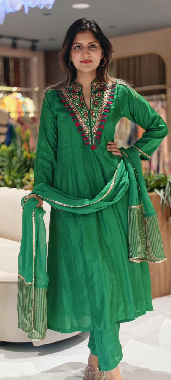 Emerald Green Silk Embroidered Rayon Kurta with Intricate Multicolor Mirror & Thread Work Tassel Detailing Matching Dupatta and Bottom- 16580