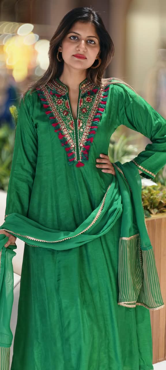 Emerald Green Silk Embroidered Rayon Kurta with Intricate Multicolor Mirror & Thread Work Tassel Detailing Matching Dupatta and Bottom- 16580