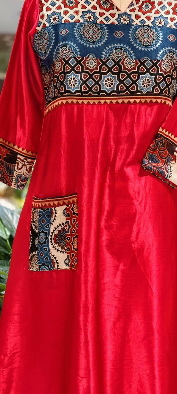 Shiny Gajji Silk Ajrak Patch Work With Pocket Aline Frock Type Kurti Only-16657