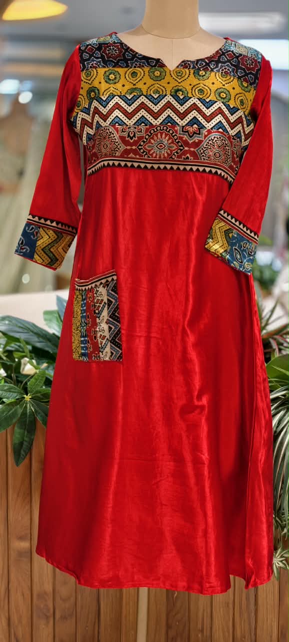 Shiny Gajji Silk Ajrak Patch Work With Pocket Aline Frock Type Kurti Only-16657