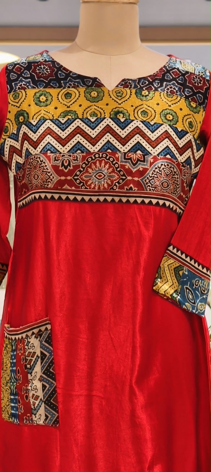 Shiny Gajji Silk Ajrak Patch Work With Pocket Aline Frock Type Kurti Only-16657