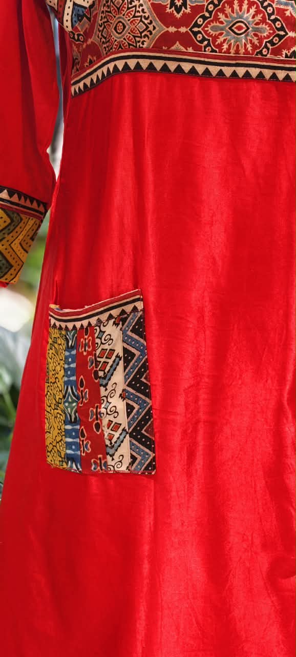 Shiny Gajji Silk Ajrak Patch Work With Pocket Aline Frock Type Kurti Only-16657