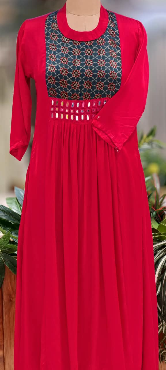 Stylish Modal Satin Kalamkari Patch Yoke With Real Mirror Work Ankle Length Frock Only-16652