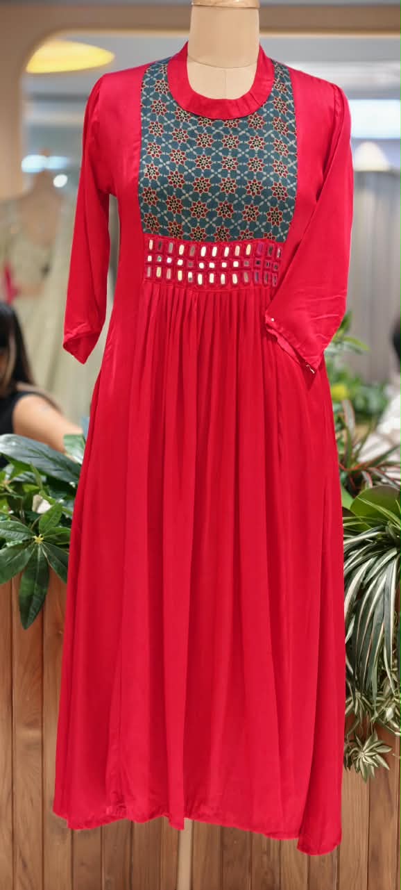 Stylish Modal Satin Kalamkari Patch Yoke With Real Mirror Work Ankle Length Frock Only-16652