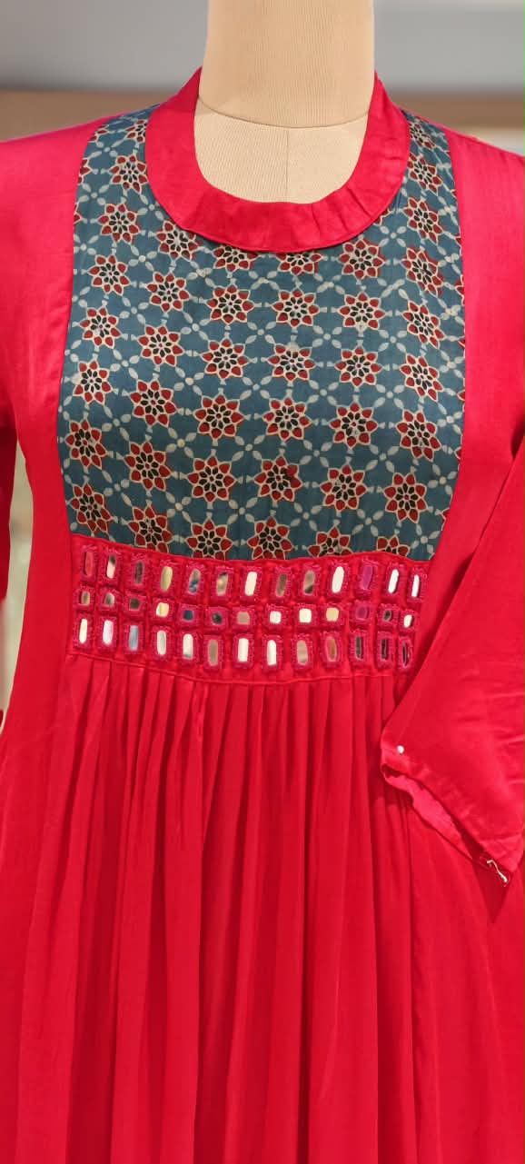 Stylish Modal Satin Kalamkari Patch Yoke With Real Mirror Work Ankle Length Frock Only-16652