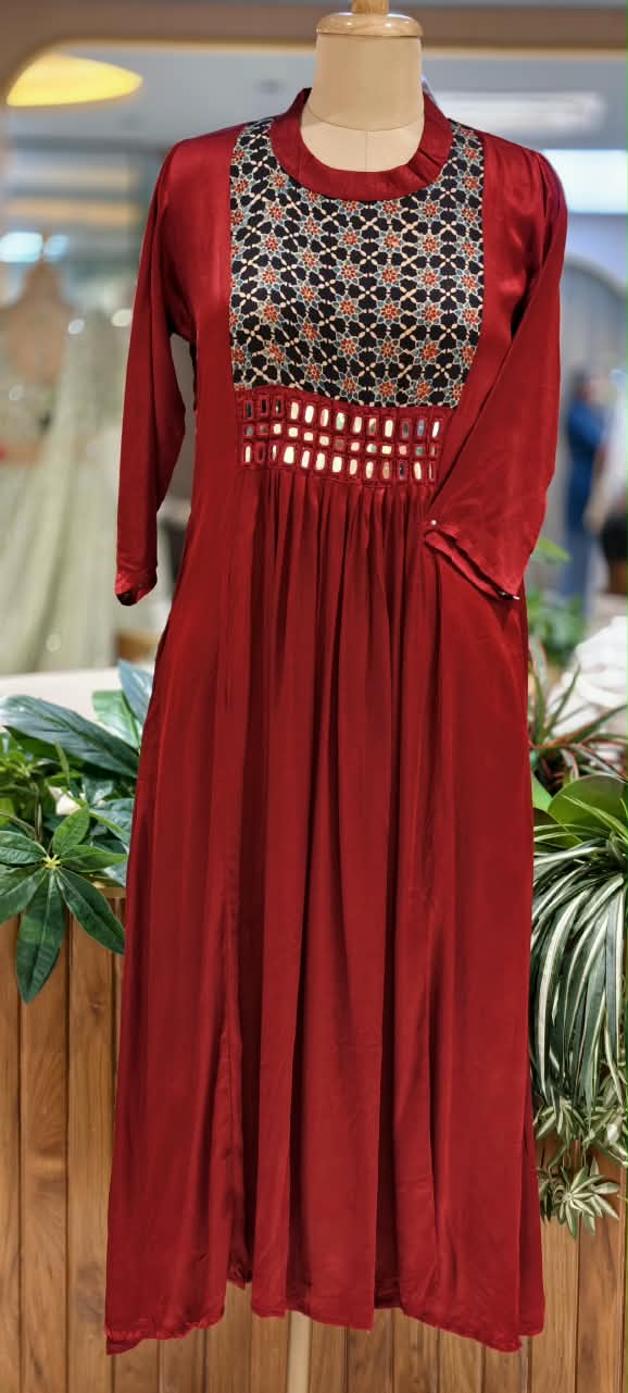 Stylish Modal Satin Kalamkari Patch Yoke With Real Mirror Work Ankle Length Frock Only-16652