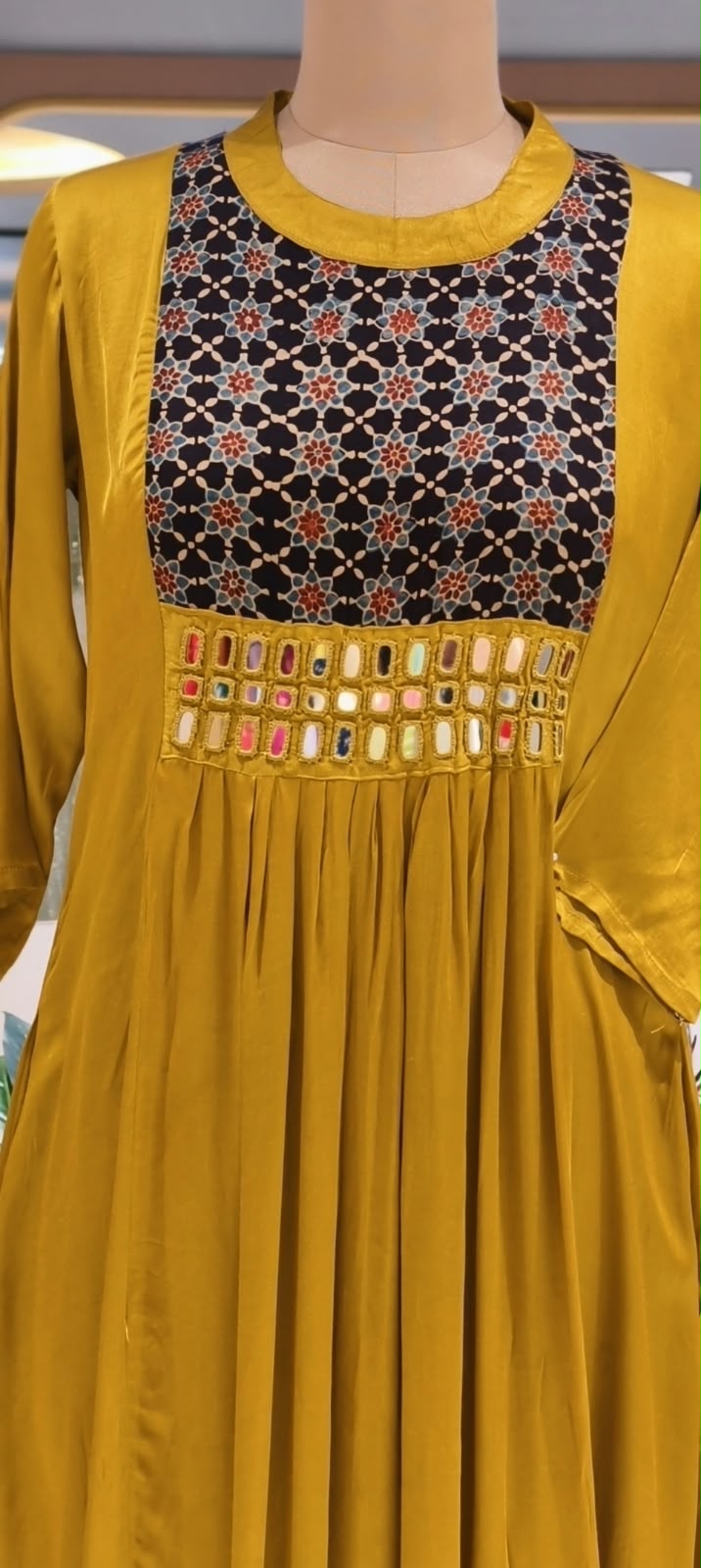 Stylish Modal Satin Kalamkari Patch Yoke With Real Mirror Work Ankle Length Frock Only-16652