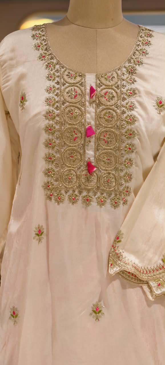 Russian Silk Vibrant Lehriya Bottom Embroidered Full Suit Set with Organza Dupatta- 16661