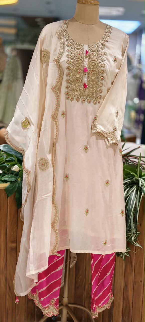Russian Silk Vibrant Lehriya Bottom Embroidered Full Suit Set with Organza Dupatta- 16661