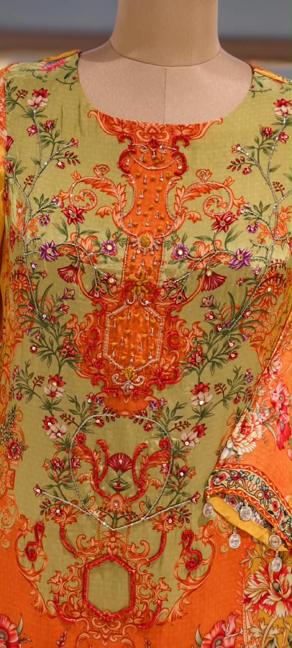 Digital Floral Print Embroidered Crepe Full Suit Set With Printed Loose Palazzo Bottom with Crosia Lace Detailing -16535