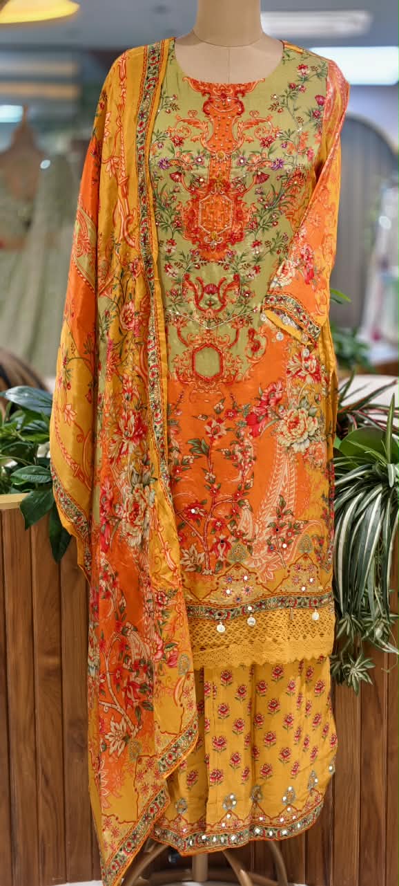 Digital Floral Print Embroidered Crepe Full Suit Set With Printed Loose Palazzo Bottom with Crosia Lace Detailing -16535