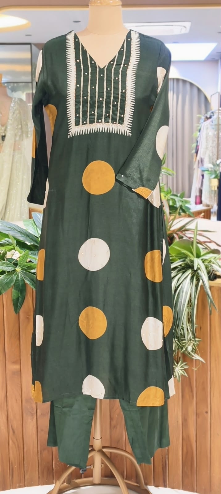 Dark Green Russian Silk Full Suit Set With Polka Dot Kurta, Plain Bottom & Gajji Silk Dupatta- 16598