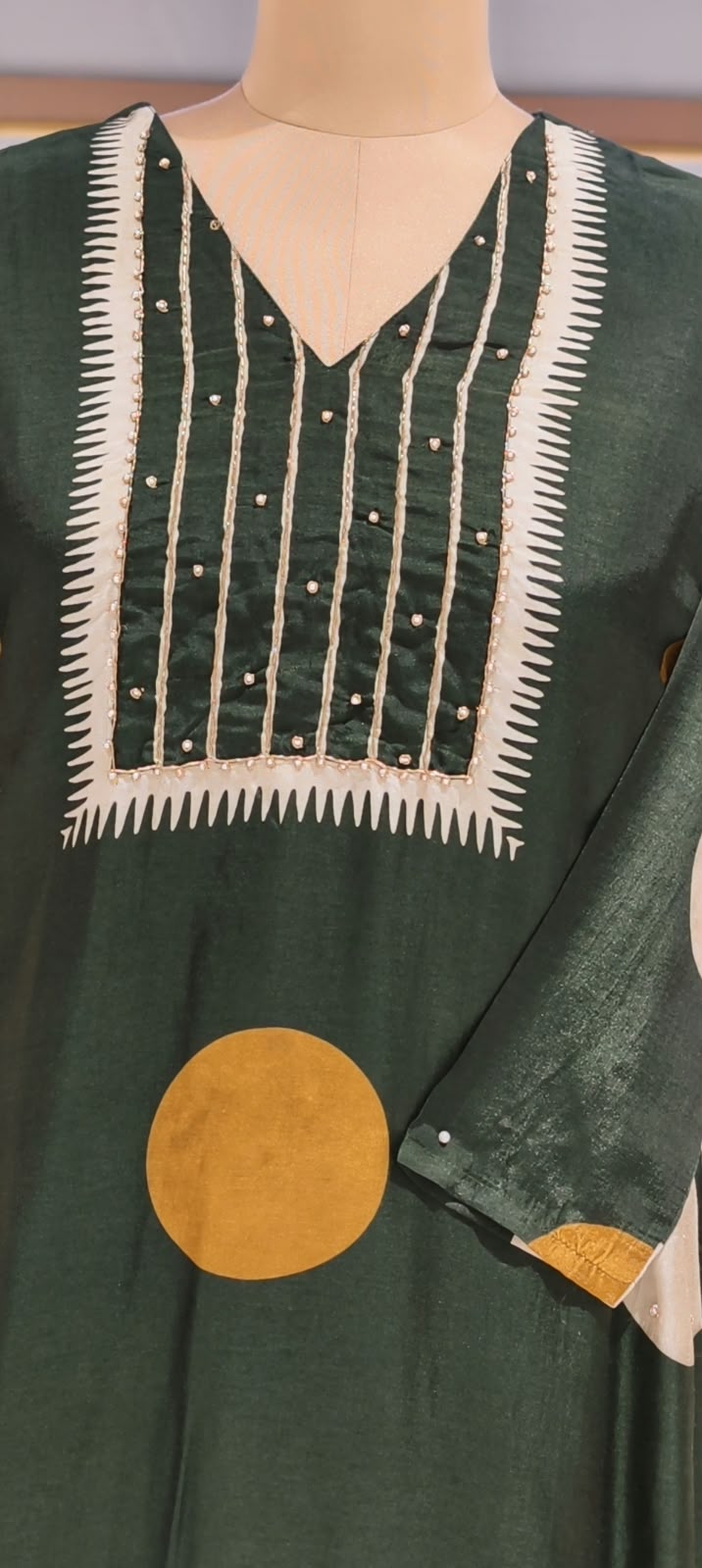 Dark Green Russian Silk Full Suit Set With Polka Dot Kurta, Plain Bottom & Gajji Silk Dupatta- 16598