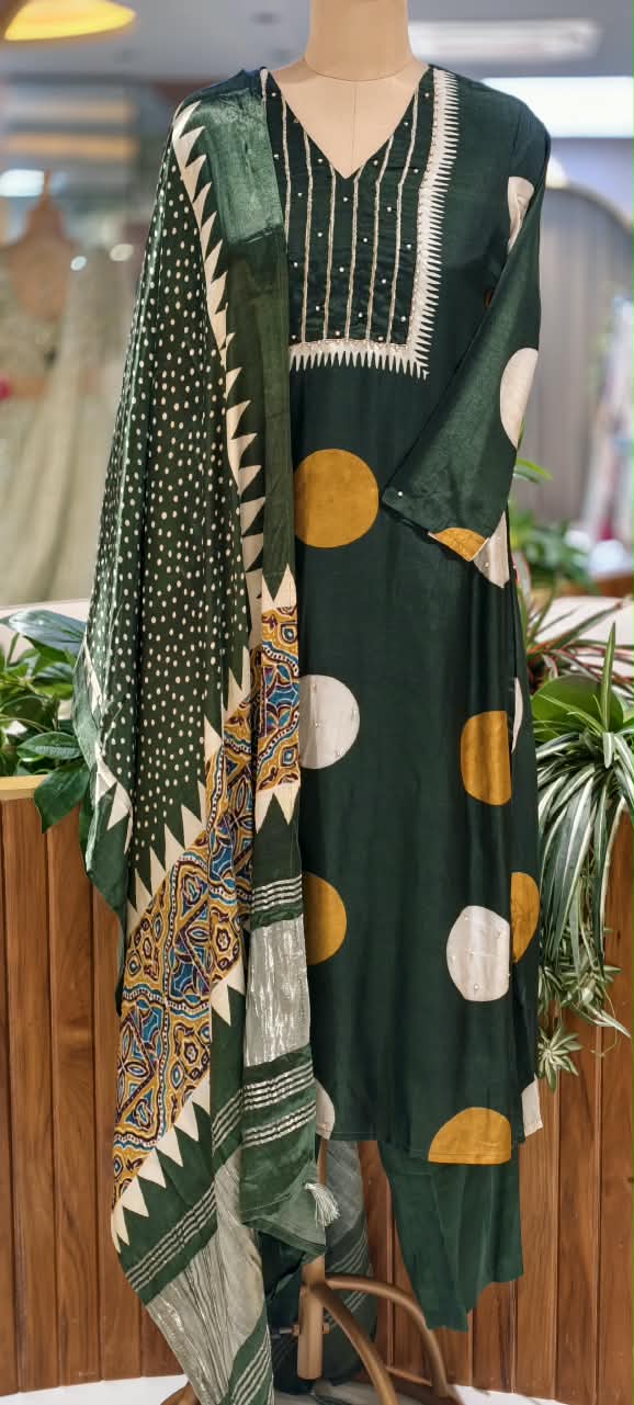 Dark Green Russian Silk Full Suit Set With Polka Dot Kurta, Plain Bottom & Gajji Silk Dupatta- 16598