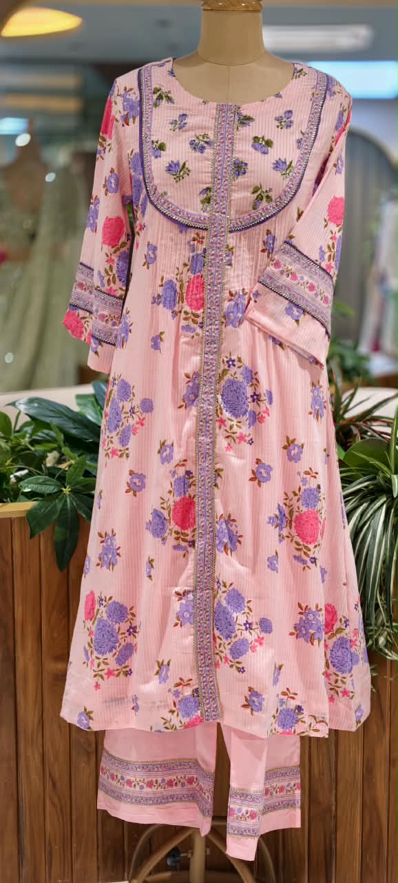 Beautiful Patterened Embroidered Pastel Pink Floral Print A-Line Cotton Full Suit Set with Kota Doria Dupatta-16672