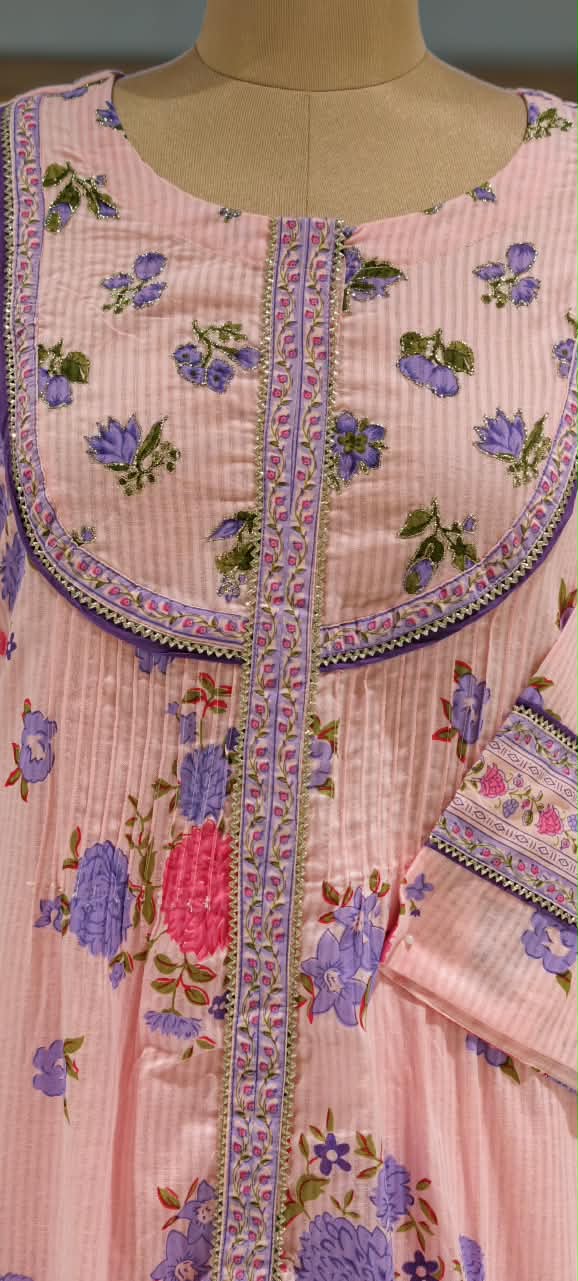 Beautiful Patterened Embroidered Pastel Pink Floral Print A-Line Cotton Full Suit Set with Kota Doria Dupatta-16672