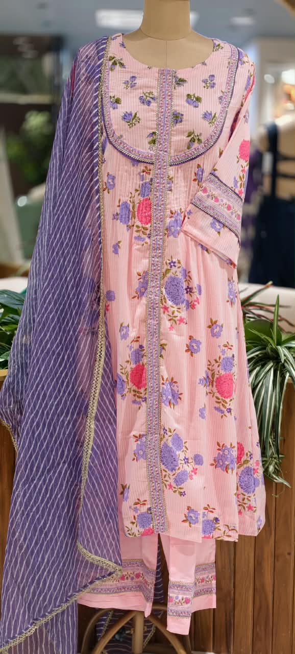 Beautiful Patterened Embroidered Pastel Pink Floral Print A-Line Cotton Full Suit Set with Kota Doria Dupatta-16672