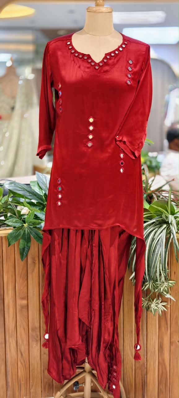 Real Mirror Solid Shade Gajji Silk Indo-Western High-Low Kurta with Dhoti Style Skirt- 16663