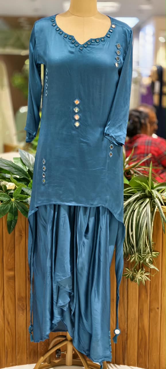 Real Mirror Solid Shade Gajji Silk Indo-Western High-Low Kurta with Dhoti Style Skirt- 16663