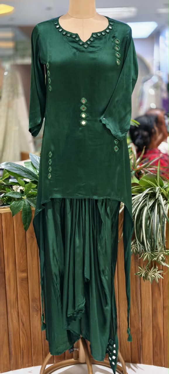 Real Mirror Solid Shade Gajji Silk Indo-Western High-Low Kurta with Dhoti Style Skirt- 16663