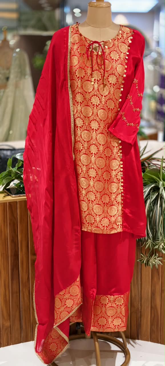 Designer Crepe Fabric Full Suit Set with Gold Brocade Yoke Panel and Traditional Palazzo Bottom Weaves- 16662