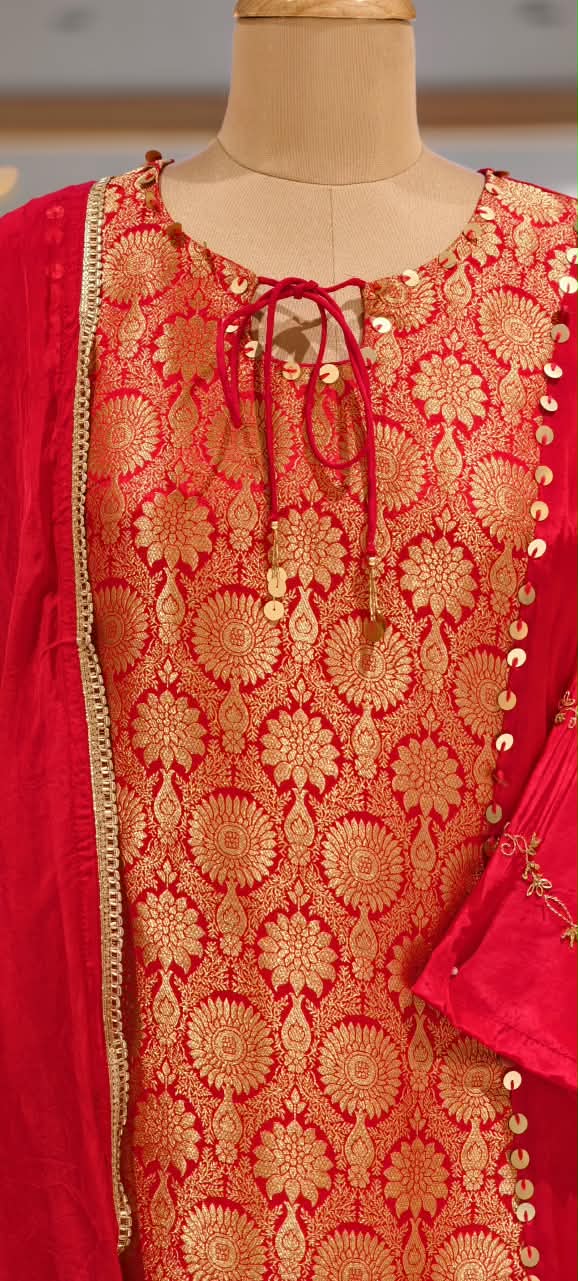 Designer Crepe Fabric Full Suit Set with Gold Brocade Yoke Panel and Traditional Palazzo Bottom Weaves- 16662