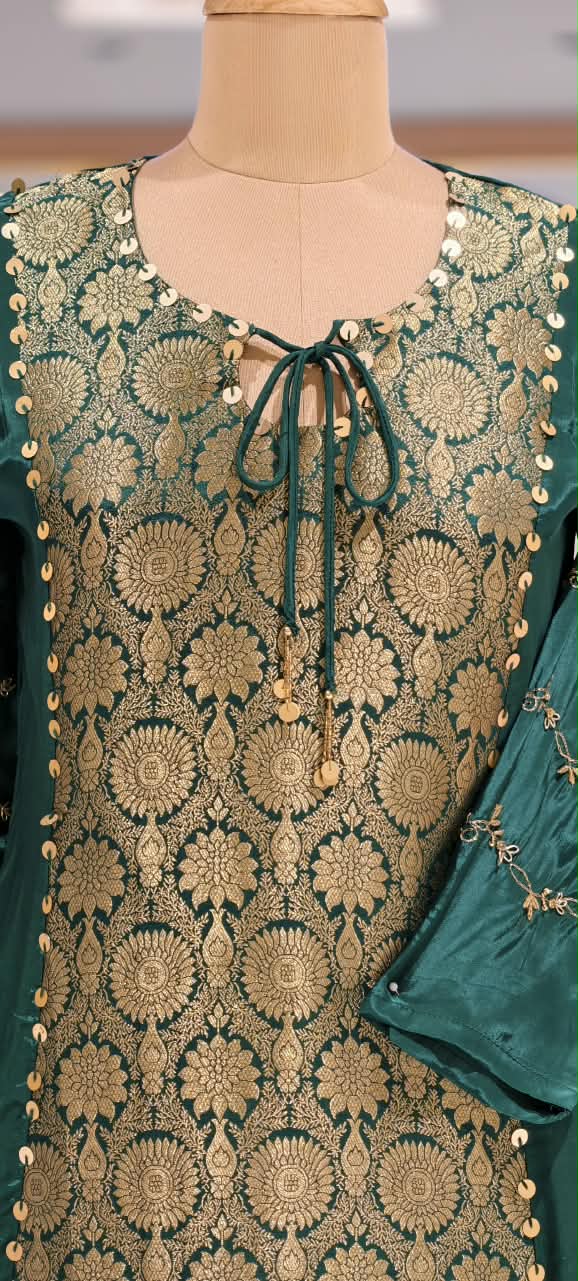 Designer Crepe Fabric Full Suit Set with Gold Brocade Yoke Panel and Traditional Palazzo Bottom Weaves- 16662