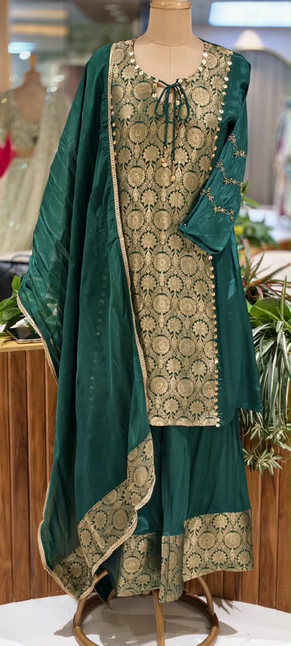 Designer Crepe Fabric Full Suit Set with Gold Brocade Yoke Panel and Traditional Palazzo Bottom Weaves- 16662