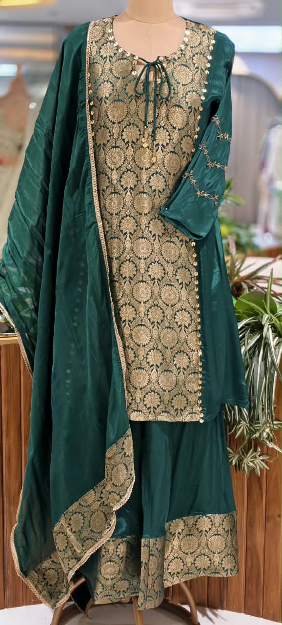 Designer Crepe Fabric Full Suit Set with Gold Brocade Yoke Panel and Traditional Palazzo Bottom Weaves- 16662
