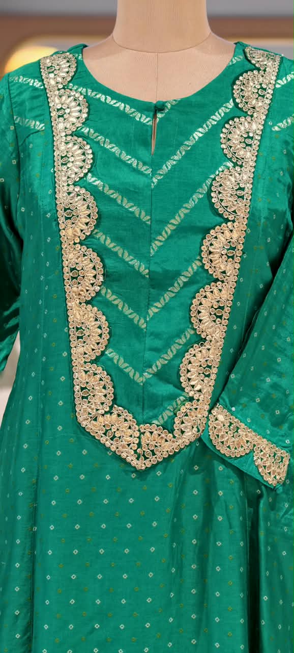 Russian Silk Vibrant Emerald Green Gota Patti Yoke With Bandhani Print Full Suit Set with Dupatta- 16671