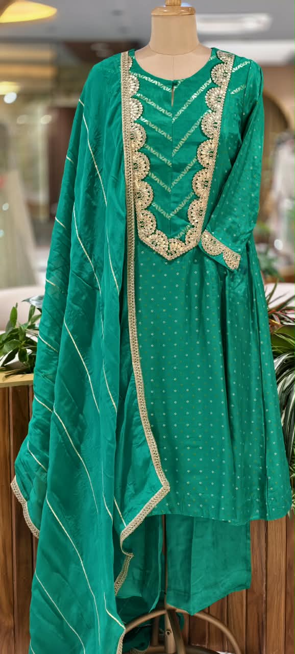 Russian Silk Vibrant Emerald Green Gota Patti Yoke With Bandhani Print Full Suit Set with Dupatta- 16671