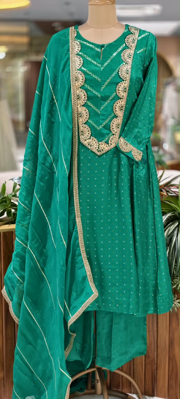 Russian Silk Vibrant Emerald Green Gota Patti Yoke With Bandhani Print Full Suit Set with Dupatta- 16671
