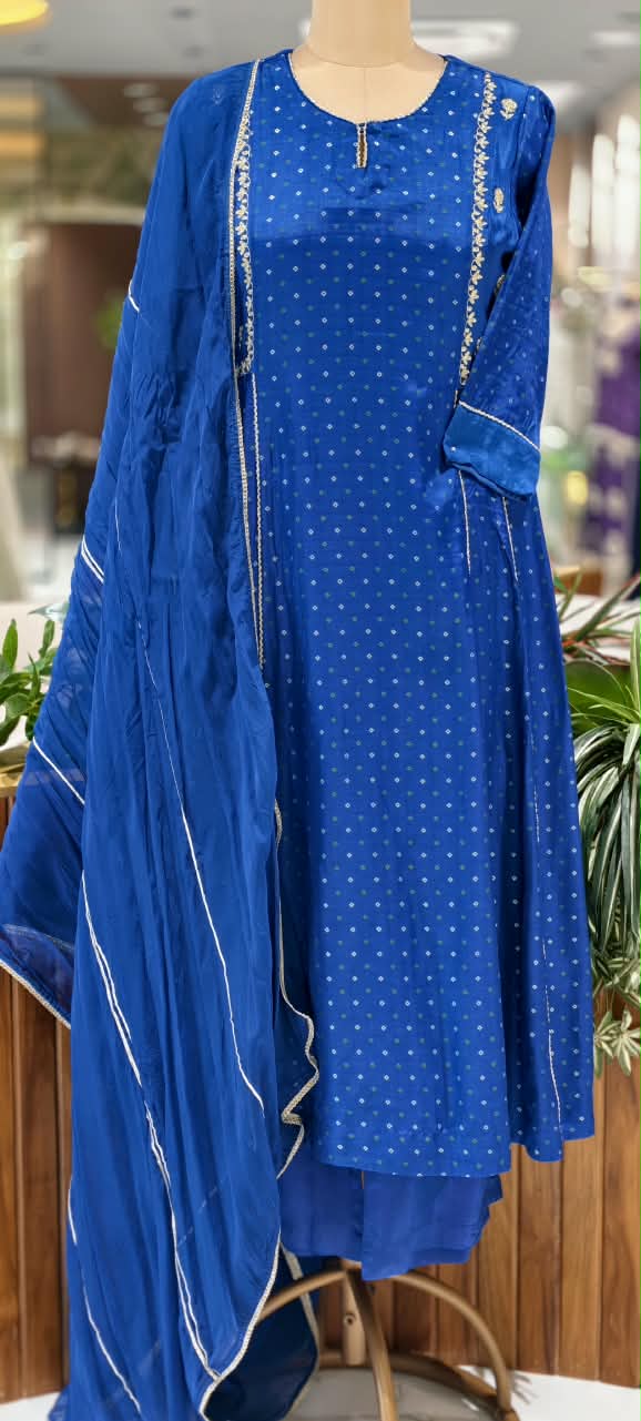 Electric Blue Russian Silk Bandhej Print With Elegant Minimal Motifs A-Line Full Suit Set With Dupatta- 16670