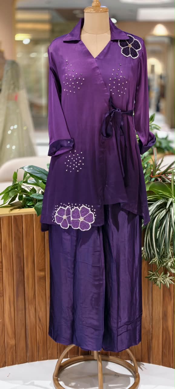 Modal Satin Ombre Shade Stylish Side Knot Collar Style Sequin Scattered Co-Ord Set- 16636