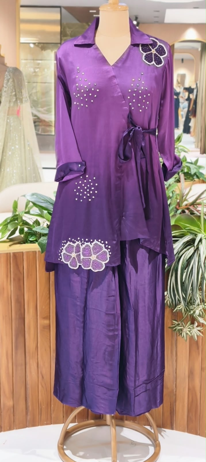 Modal Satin Ombre Shade Stylish Side Knot Collar Style Sequin Scattered Co-Ord Set- 16636
